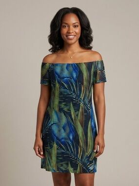Joseph Ribkoff Off Shoulder Tropical Dress Blue Green Summer Wedding Garden sz 6